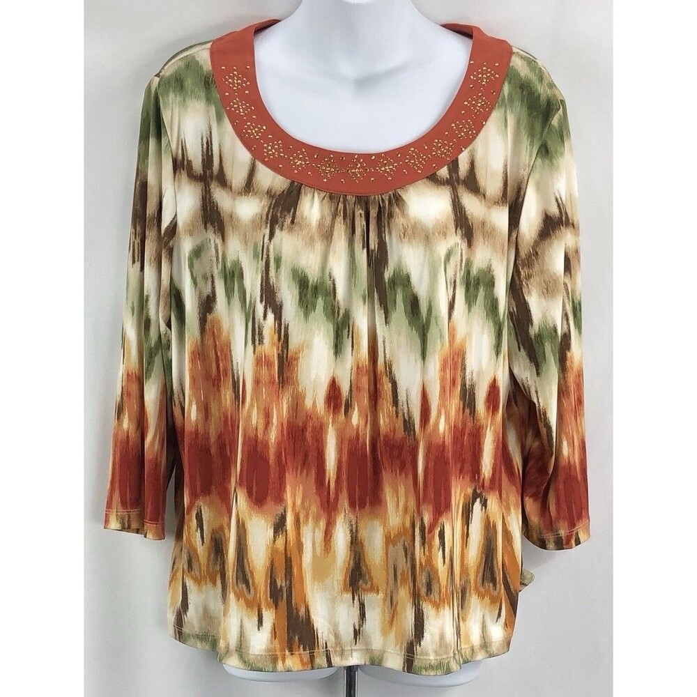Alfred Dunner Top PXL Multi Color 3/4 Sleeve Embellished Stud Scoop Stretch boho